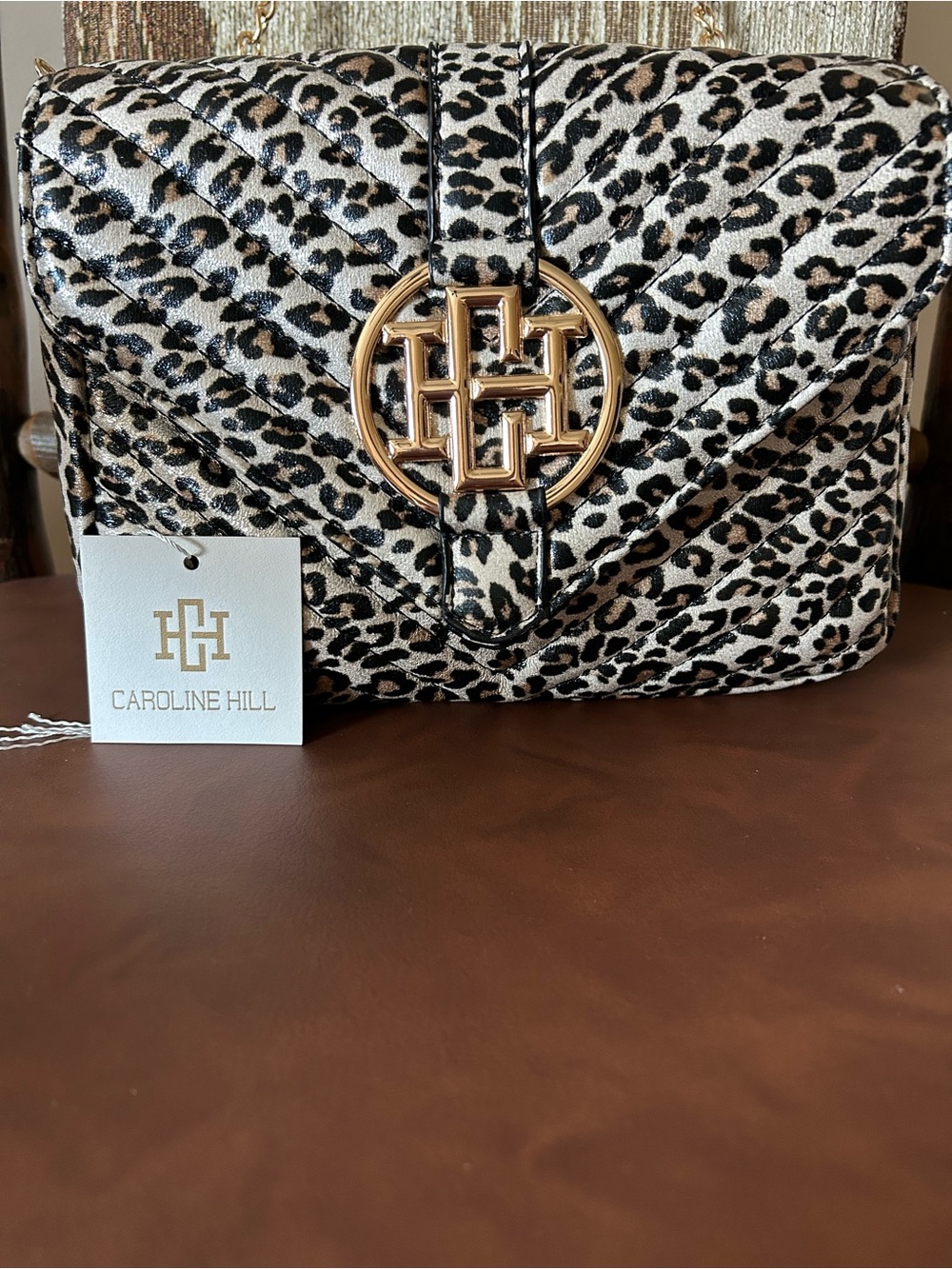 Caroline Hill Leopard-Print Quilted Crossbody Bag in Black & Tan